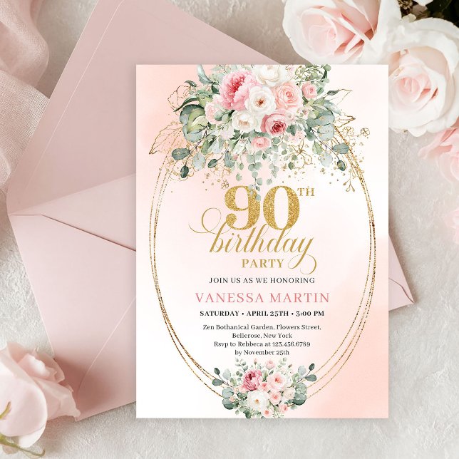 Invitation Chic Blush Floral Greenery 90th Birthday Invite (Chic Blush Floral Greenery 90th Birthday Invitation)