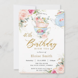 Invitation Chic Blush Floral High Tea Anniversaire Fête TOUT