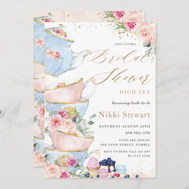 Invitation Chic Blush Floral High Tea Party Fête des mariées (Devant / Derrière)