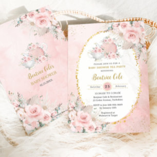 Invitation Chic Blush Floral Pampas Tea Party Baby shower