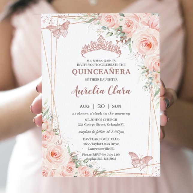 Invitation Chic Blush Floral Rose Gold Butterfly Quinceañera (Créateur téléchargé)
