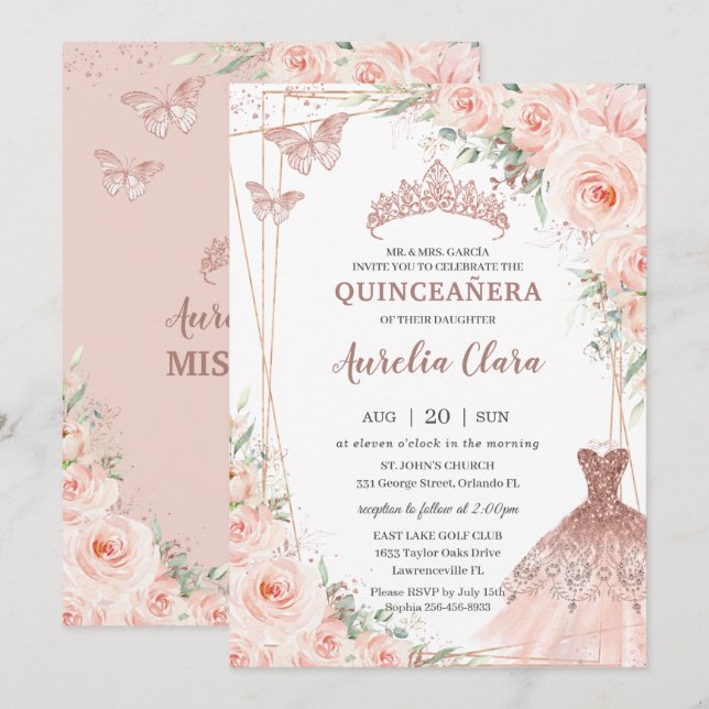 Invitation Chic Blush Floral Rose Gold robe Gown Quinceañera (Devant / Derrière)