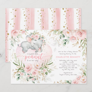 Invitation Chic Blush Gold Floral Elephant Baby shower fille