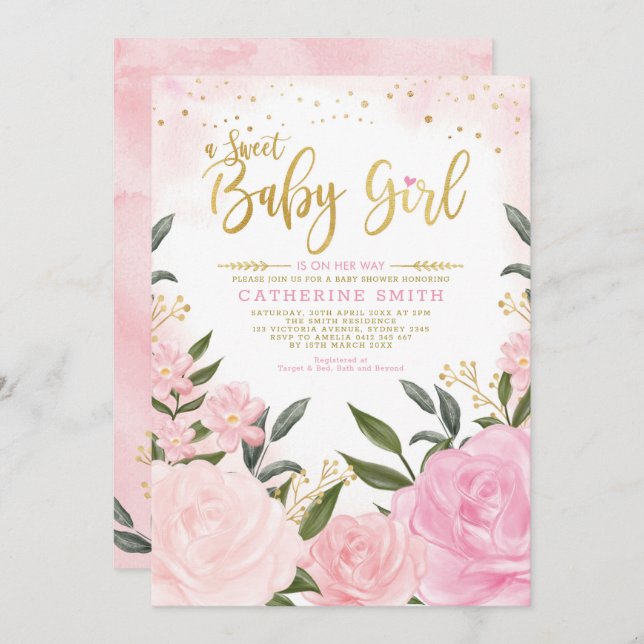 Invitation Chic Blush Gold Garden Floral Rose Baby shower (Devant / Derrière)
