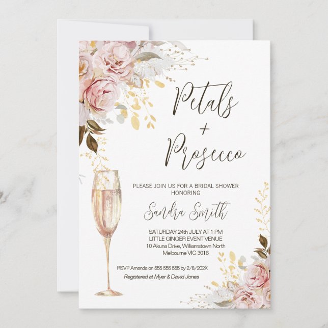 Invitation Chic Blush Gold Petals et Prosecco Fête des mariée (Devant)