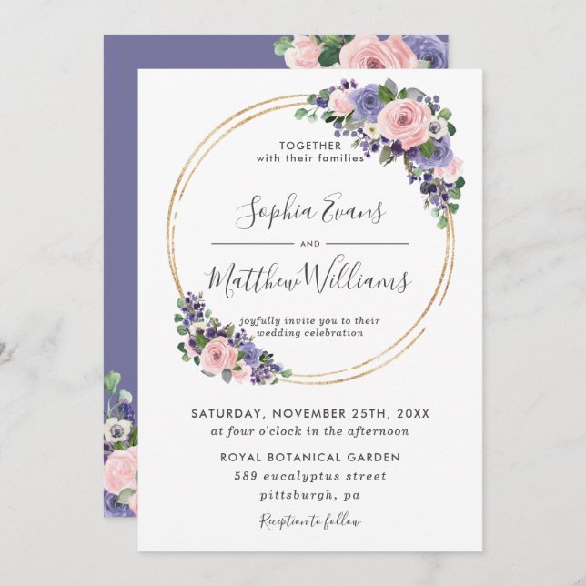 Invitation Chic Blush Lavender Purple Floral Mariage or (Devant / Derrière)