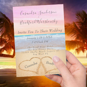 Invitation Chic Blush Pink Beach Mariage 2 Coeurs dans le sab