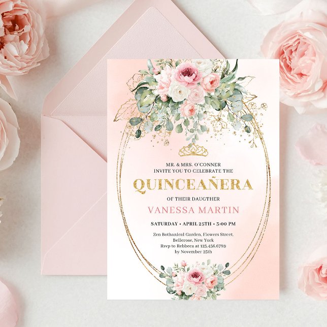 Invitation Chic Blush Pink Floral Gold Quinceañera Boho Invit (Chic Blush Pink Floral Gold Quinceañera Boho Invite)