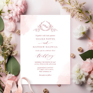 Invitation Chic Blush rose Aquarelle Taches Monogramme Mariag