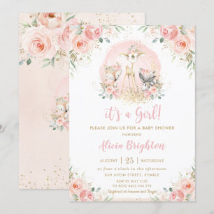 Invitation Chic Blush rose Floral Baby shower Fille Bois