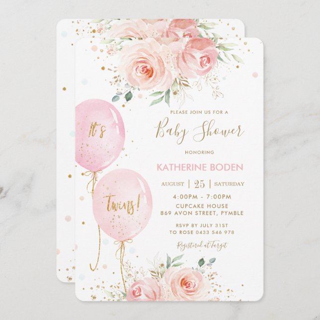 Invitation Chic Blush rose Floral Balloons Baby shower jumeau (Devant / Derrière)