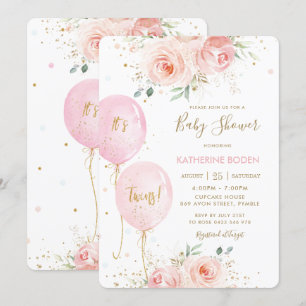 Invitation Chic Blush rose Floral Balloons Baby shower jumeau