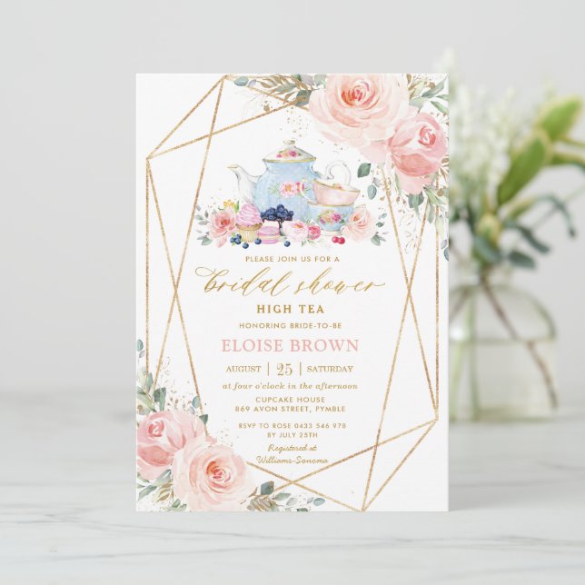 Invitation Chic Blush Rose Floral High Tea Fête des mariées (Debout devant)
