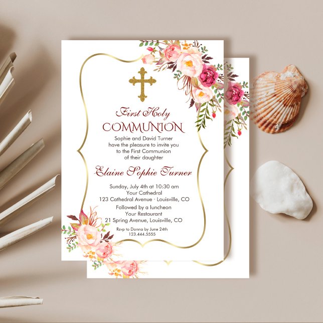 Invitation Chic Blush Rose Floral Or Première Communion Saint (floral gold holy communion invitation, trendy blush floral communion invitation, pink  communion)