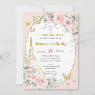 Invitation Chic Blush Rose Floral Paris Eiffel Fête des marié