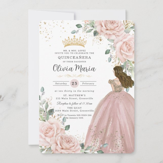 Invitation Chic Blush rose Floral Princesse robe Quinceañera (Devant)