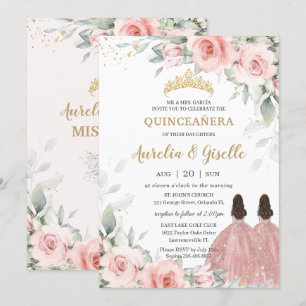 Invitation Chic Blush rose Floral Rose Gold Twins Quinceañera