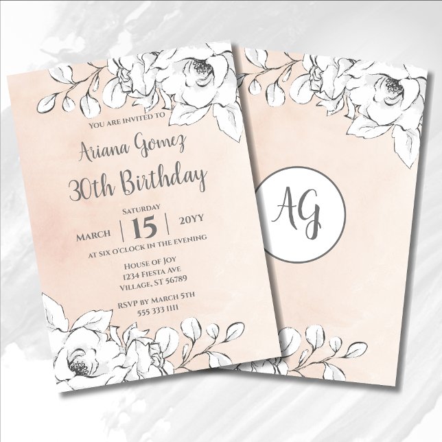 Invitation Chic Blush rose moderne blanc floral 30e anniversa (Créateur téléchargé)