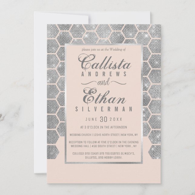 Invitation Chic Blush rose Parties scintillant argent Hexagon (Devant)