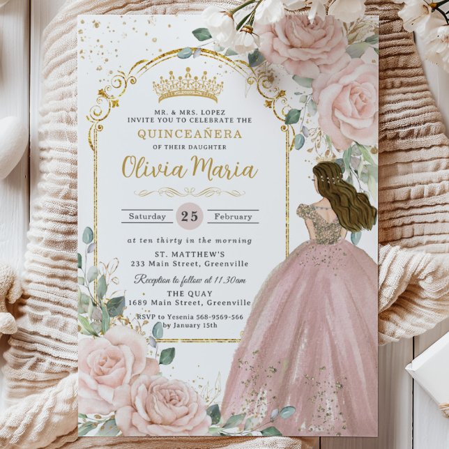 Invitation Chic Blush Rose Roses Floral Princess Quinceañera (pastel-soft-blush-pink-floral-roses-gold-arch-princess-dress-sweet-16-birthday-xv-quinceanera-invite)