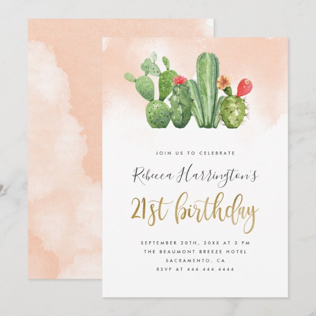 Invitation Chic Blush Watercolor & Cactus 21e anniversaire (Devant / Derrière)
