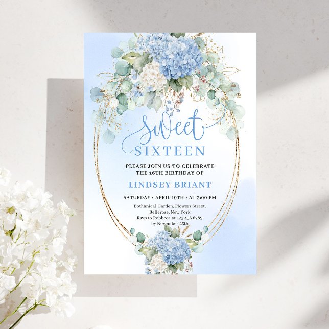 Invitation chic bohème bleue florale dorée pour un (Chic Bohemian Blue Floral Gold Sweet 16 Invite)
