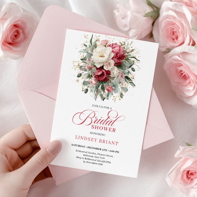 Invitation Chic Bohème Crimson Blanc Fleurs de Mariage  (Chic Boho Crimson White Greenery Bridal Shower Invite

)