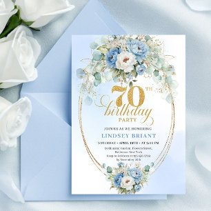 Invitation Chic Bohème Fleurs Bleues et Or 70e Anniversaire
