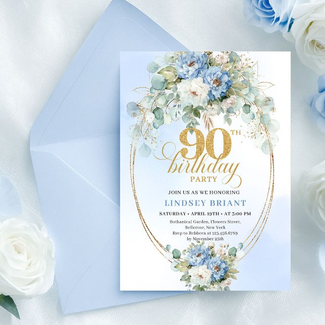 Invitation chic bohème fleurs bleues pour 90e anni (Chic Bohemian Blue Flowers 90th Birthday Invite)