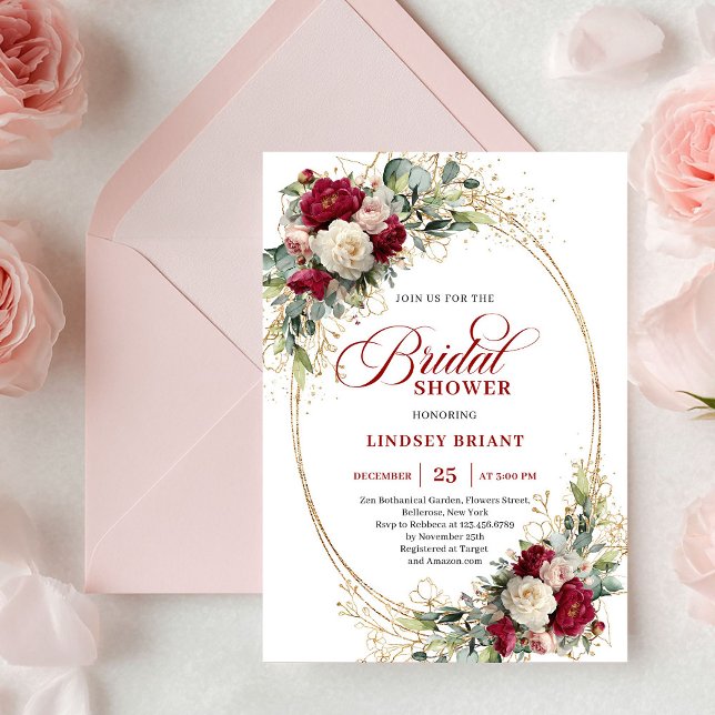 Invitation Chic Bohème Fleurs Rouges Blanches Or Fête de Mari (Chic Bohemian Red White Flowers Gold Bridal Shower)