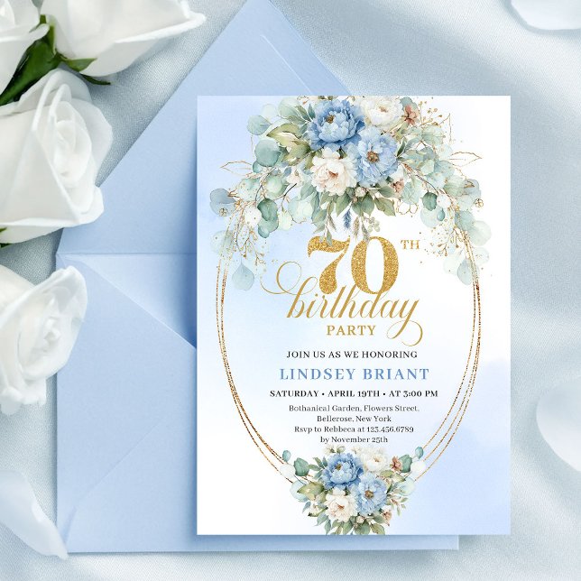 Invitation Chic Bohème Péones Bleu Pastel 70e Anniversaire (Chic Bohemian Pastel Blue Peonies 70th Birthday)