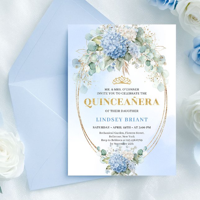 Invitation chic Bohème pour les 15 ans avec Hydran (Chic Boho Blue Hydrangea 15th Birthday Invitation)