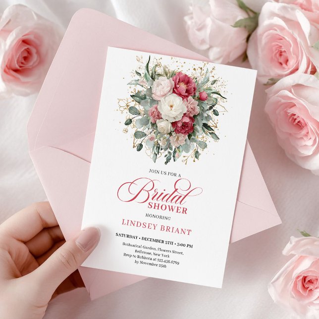 Invitation Chic Bohème Roses Rouges Blanches Or Fête de Maria (Chic Bohemian Red White Gold Roses Bridal Shower Invite

)