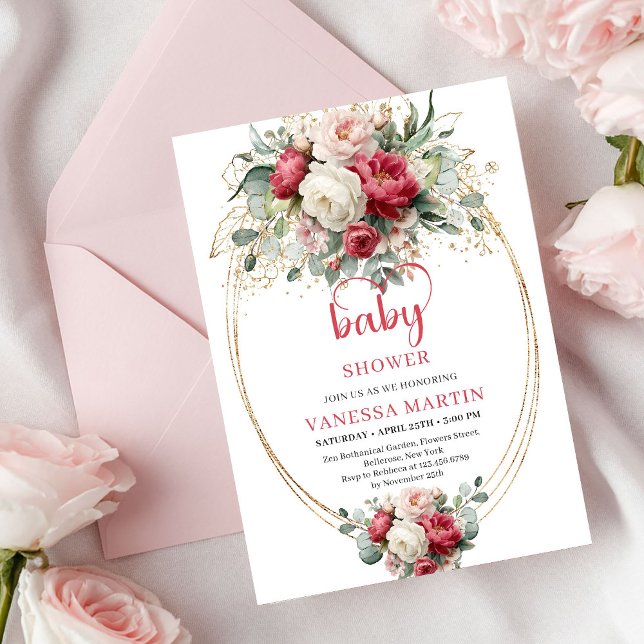 Invitation Chic Bohème Rouge Rubis Blanc Or Floral Bébé (Chic Bohemian Ruby Red White Gold Floral Baby Invite)