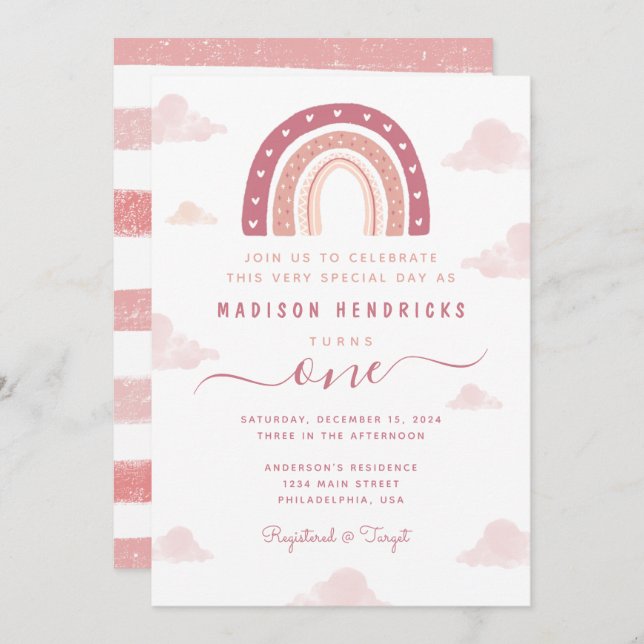 Invitation Chic Boho arc en ciel et nuages Pastel rose Annive (Devant / Derrière)