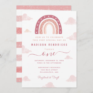Invitation Chic Boho arc en ciel et nuages Pastel rose Annive