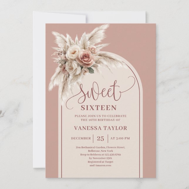 Invitation Chic Boho Arch Dusty Rose Pampas Floral Sweet 16 (Devant)