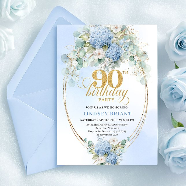 Invitation Chic Boho Bleu Hydrangea Floral Or 90e Anniversair (Chic Blue Hydrangea Floral Gold 90th Birthday Invite)
