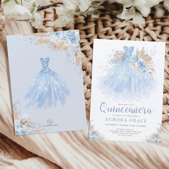 Invitation Chic Boho Blue Argent Quinceañera Princesse Robe (Créateur téléchargé)