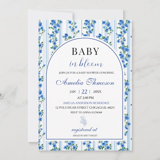 Invitation Chic Boho Blue Wildflower Boy floral Baby Shower (Devant)