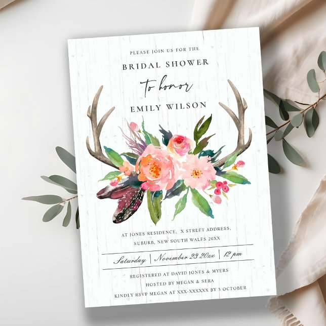 INVITATION CHIC BOHO BLUSH ANTLER EN BOIS FÊTE DES MARIÉES FL (Créateur téléchargé)