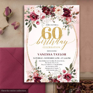 Invitation chic boho bordeaux or 60e anniversaire