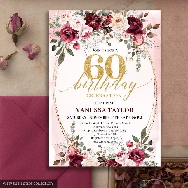 Invitation chic boho bordeaux or 60e anniversaire (Chic Boho Maroon Gold Floral 60th Birthday Party)