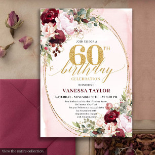 Invitation Chic Boho Bourgogne Blush Floral 60e Anniversaire