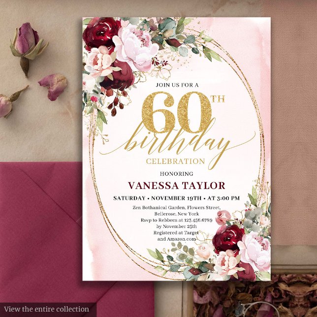 Invitation Chic Boho Bourgogne Blush Floral 60e Anniversaire (Chic Boho Burgundy Blush Floral 60th Birthday)