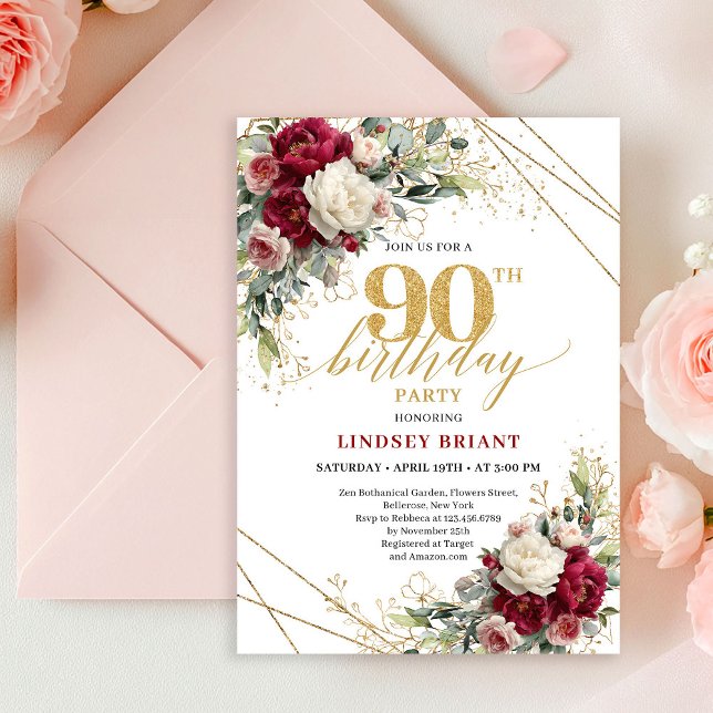 Invitation Chic Boho Bourgogne Blush Floral Or 90e Anniversai (Chic Burgundy Blush Floral Gold 90th Birthday Invite)
