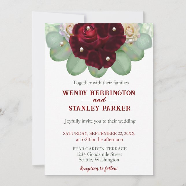 Invitation Chic Boho Bourgogne Rose Eucalyptus Pearl Mariage (Devant)