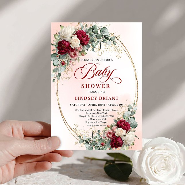 Invitation Chic Boho Burgundy and Gold Baby Shower Invite (Chic Boho Burgundy and Gold Baby Shower Invite)