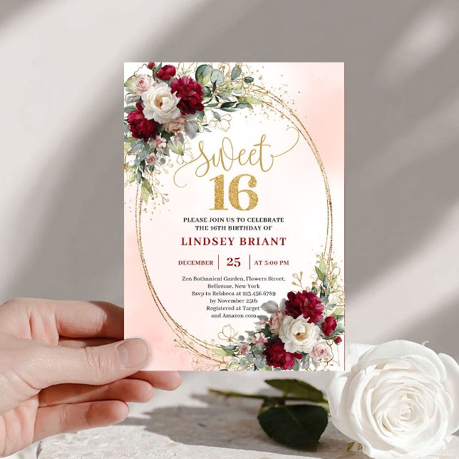 Invitation Chic Boho Burgundy Blush Gold Floral Sweet Sixteen (Chic Boho Burgundy Blush Gold Floral Sweet Sixteen)