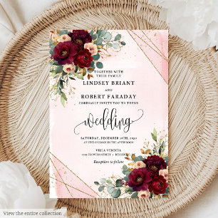 Invitation Chic Boho Dark Red Gold Blush Flowers Mariage